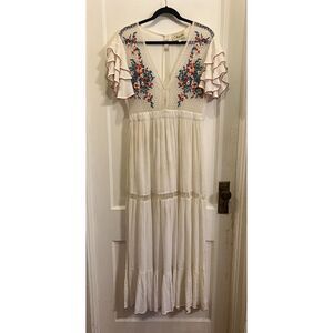 CLEOBELLA White Embroidered Prairie Cottage Ruffle Maxi Dress Women's Size Large